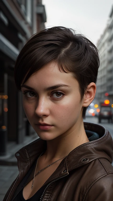 (Close-up), (intense gaze), young russian woman with nice natural very small breast, small stature, sporty boyish build, well-developed muscles, ((dark brown eyes)), dark brown disheveled hair, (short haircut), (pixie style), an indifferent expression on h...