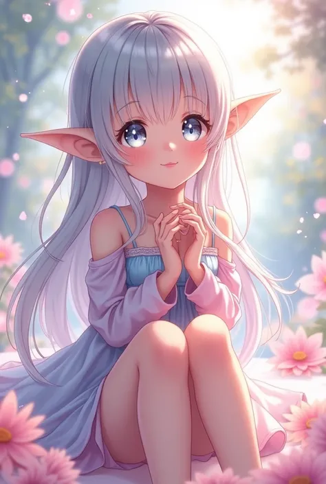 

"Create a highly detailed 8K resolution anime-style image of a young girl with delicate elf-like features. She has large, sparkling eyes, long flowing silver hair, and soft, glowing skin. Her pointed elf ears peek out from her hair, giving her a magical ...