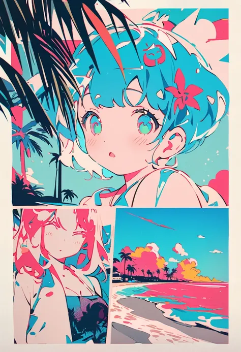 (masterpiece, best quality),(double exposure: 1.2), woodblock print collage depicting,(cute girl who melts in the summer,tween,beach),surrounded by palm-tree and coconut symbols,splash color, collage art, contemporary art,