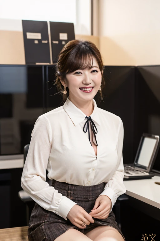 Japanese mature woman, office lady, detailed eyes, detailed face, cleavage, sexy, (seductive thighs: 1.4), ankles, collared business shirt, cotton tight skirt, smiling, updo, flat chest, small breasts, 8K high resolution,