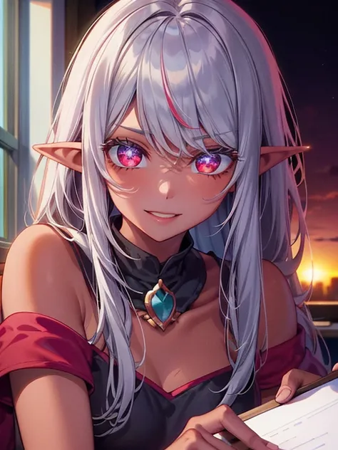 An elf woman, very black and tanned skin, beautiful silver hair, pointed ears, beautiful red eyes, high , school classroom, whiteboard, window, evening, sunset, upper body description, dear smile , lips open, close-up, 8K,