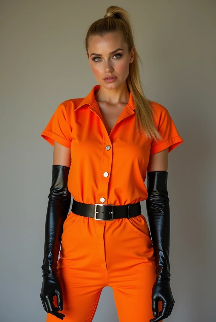 Frontal photograph of beautiful Herceg Erika with long a blonde medium length pulled back ponytail hair wearing a sexy synthetic orange prisoner jumpsuit, inmate jumpsuit, button-up, Herceg Erika, sexy view, hands holding her hips sideway, hands at her sid...