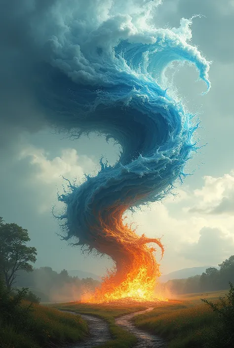 Show a tornado made of both water and fire, swirling together harmoniously without extinguishing each other, tearing through a calm landscape.