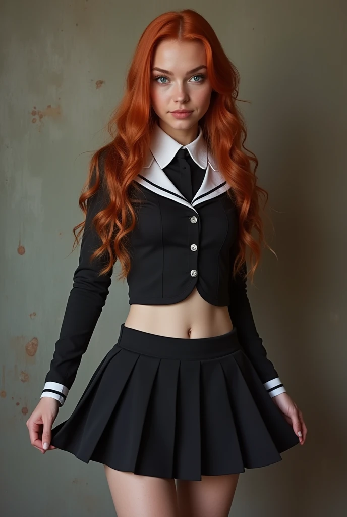 Redhead Russian girl , in school uniform, skirt, Visible stomach, Hot thighs, Black uniform