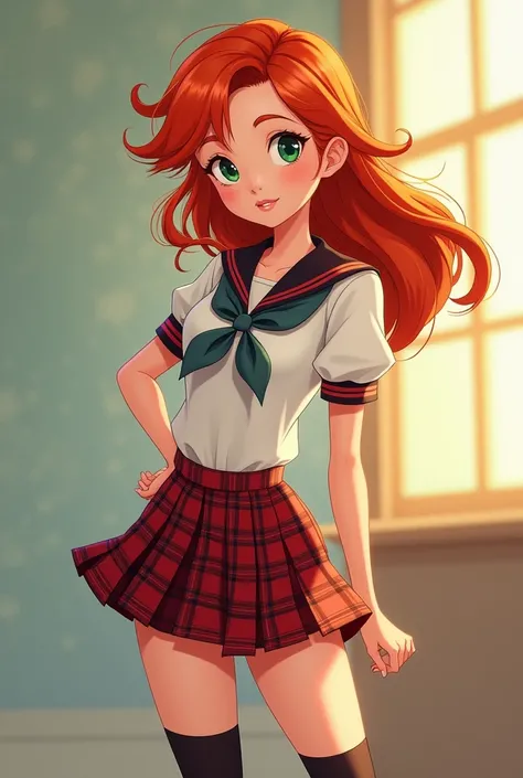 Disney style, Redhead Russian girl , in school uniform, skirt, Visible stomach, Hot thighs, Black uniform