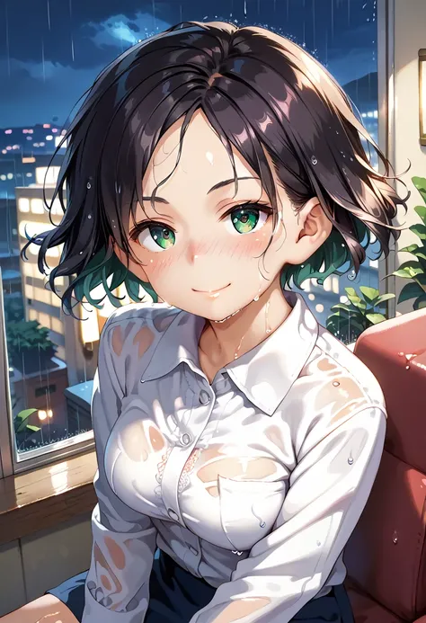 score_9, score_8_up, score_7_up, source_anime, 1girl, ChiguchiMP, black hair, green eyes, (bobcut hair) ,(8k, Best Quality, Masterpiece: 1.2), Super Detailed, Cute, Alone, detailed eyes, Beautiful Detailed Sky, Detailed Cafe, Night, Sitting, Date, (Nose bl...