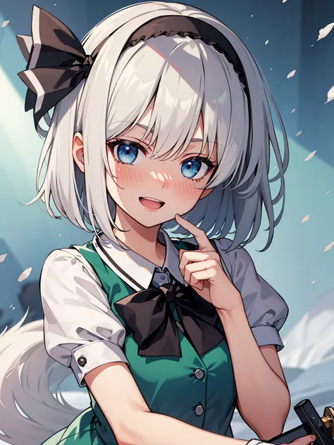 konpaku_youmu_touhou, short_hair, ribbon, hairband, black_hairband, hair_ribbon, black_ribbon, bangs, white_hair, vest, blue_eye...