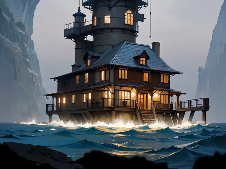 color (Fantasy: 1.2), (Hayao Miyazaki Style), (Uneven buildings floating in the sea), Patchwork Cottage, Floral decoration, Light, Concept art inspired by Andreas Rocha, Artstation Contest Winner, Fantasy art, (Underwater City), Ross Tran, Streaks of light...