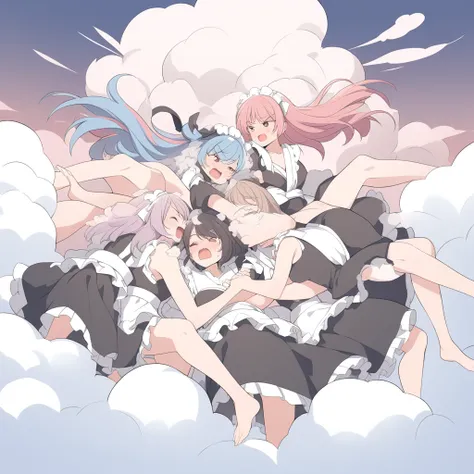 An anime-style illustration depicting maids playfully wrestling with each other inside a comical fight cloud.
each maid has different  colored hair.
their faces,hands,and feet are visible emerging from the cloud as they tussle humorously,  with the rest of...