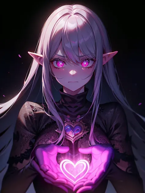 {{{beautiful detailed girl}}}, silver hair, glowing pink eyes, long elf ears, intricate black lace dress, {{{obsessive expression}}}, {intense atmosphere}, {{heart-shaped magic aura}}, dark background, {overwhelming presence}, ultra detailed, cinematic lig...