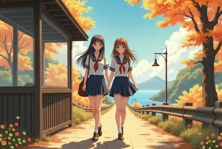 (Masterpiece, 16k, Highest quality, Ultra-high resolution, Depth of subject), (Very detailed, Japanese countryside scenery), (Very detailed, beautiful and cute face２People&#39;s Girls, High school girl in blazer uniform, skirt), Big Breasts, Very accurate ...