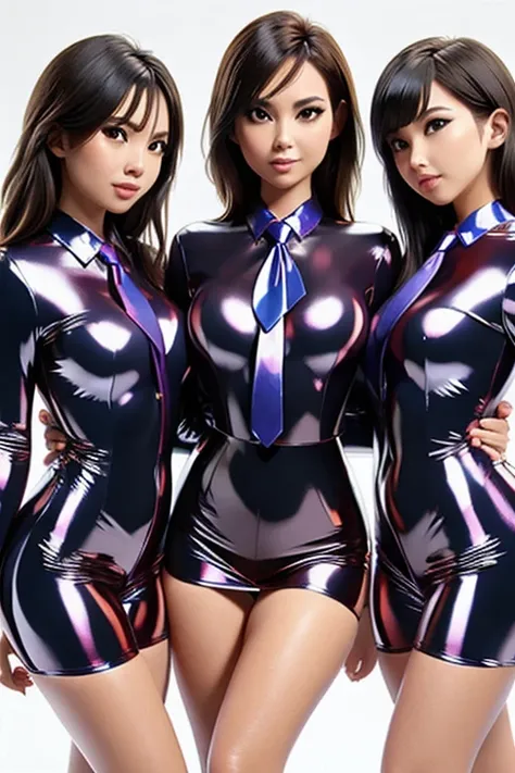 3 girls in extremely tight shiny latex blouse buttoned, necktie