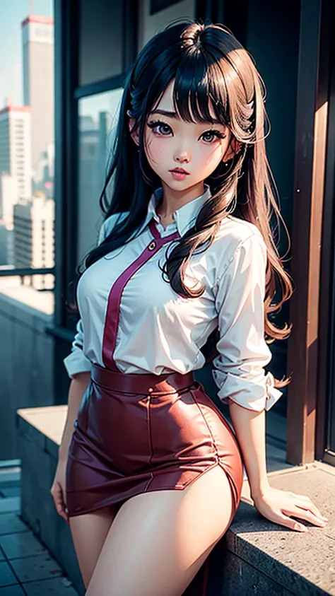 sultry woman standing on top of a building overlooking a city, ulzzang, korean girl, portrait of a japanese teenage girl, dressed in long, flowing clothes, 🤤 girl portrait, Chiho, Yoshitomo Nara, retrato de jossi do blackpink, young asian girl, 8k matte, e...