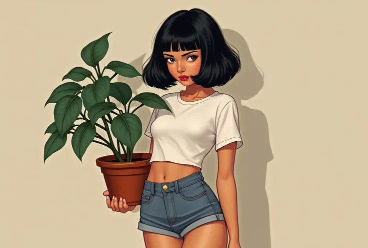 Seductive young Matilda from the knofilm "Leon", standing in a miniskirt and a short white T-shirt, holding a ficus in a pot, voluminous black hair, a square hairstyle, illustration by Marco Melgratti