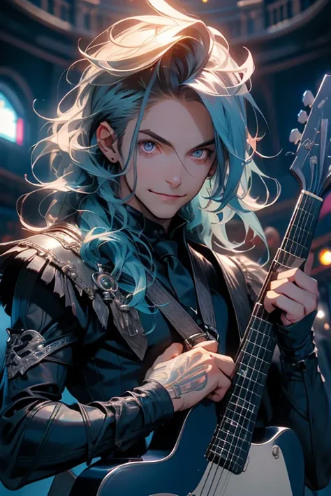 Perfect face. Perfect hands. A muscular blue haired man with silver eyes with long hair in a Gothic suit is smiling in the auditorium with a guitar