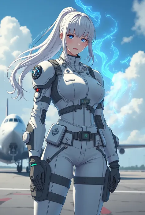 A high-ranking soldier, feared wherever she goes, a fusion of modern military and magic, depicted in an anime style. She is fully visible, wearing a traditional military uniform, complete with a tactical vest, numerous pockets, utility belts, and standard ...