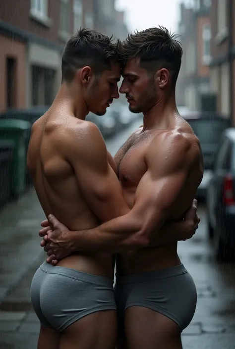 Photo of Scally chav lad boyfriends wearing grey briefs in the rain 