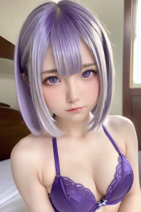 Best Quality,Ultra-high resolution,((Female junior high school student))((younger sister))((10th Generation)),1 person,whole body,Silver Hair, Purple Hair Short Hair Cool Look,Looking into the camera,Beautiful skin Blue bra only,Small breasts,bed,ＭSplittin...