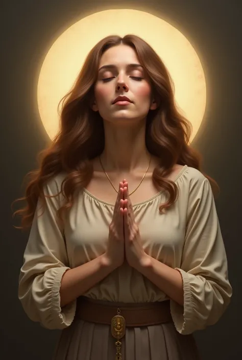 Realistic、photograph、Realistic、A woman praying to God with her hands together in front of her chest、blouse、skirt、Golden pendant、Chestnut Hair、Long Hair、There is a halo around him