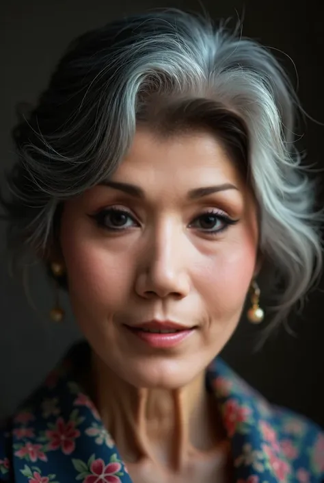 A Japanese elderly mature woman, glossy long brunette hair, very white skin, slim at 7, detailed depiction of facial wrinkles and sagging skin appropriate for age, exceptionally beautiful, close-up of face, bewitching smile, beautiful and sexy, professiona...