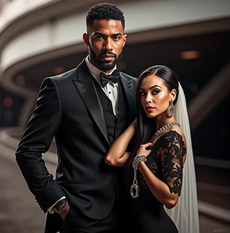 A tall and handsome black man, dressed in an elegant white suit, stands confidently with a serious expression. His hair is short, well-groomed, and his beard is neatly trimmed. Beside him, a beautiful black woman with long, sleek black hair poses confident...