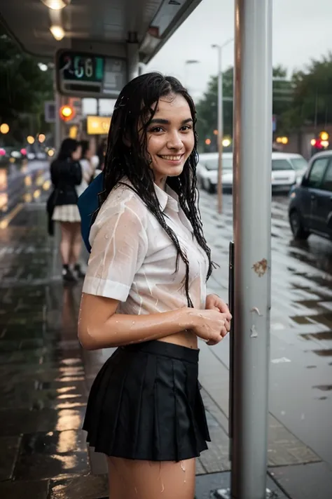 (BLACK GIRL: 1.3), (), 145 cm tall, attractive, face with fine and soft features, black hair, medium sized ass, medium sized breasts, wearing a black pleated mini skirt, (Wearing a school uniform: 1.2),  (standing at a bus stop on a rainy night: 1 2), look...