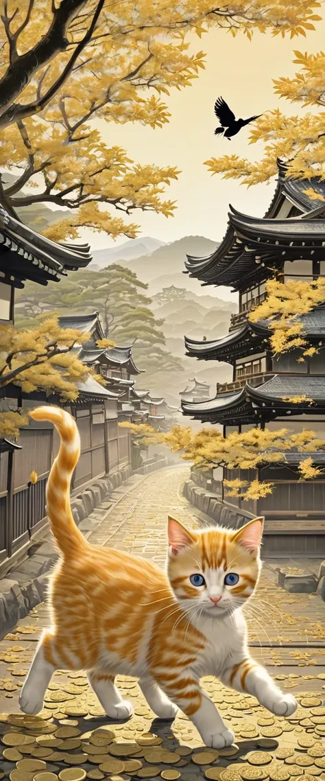 Kittens are chasing scattered Japanese Edo period gold coins,