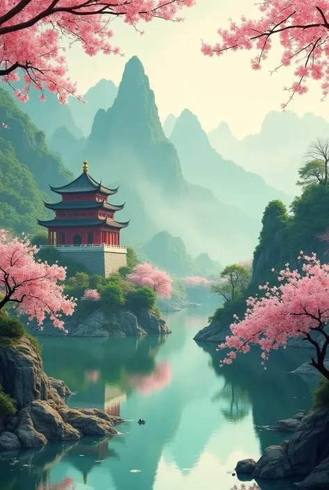 forbidden city,A stunning Chinese style spring illustration.   A magnificent palace looms between the green mountains and clear waters.   Around it, peach blossoms are in full bloom, willows are swaying gently, and the spring water is flowing.   In the dis...