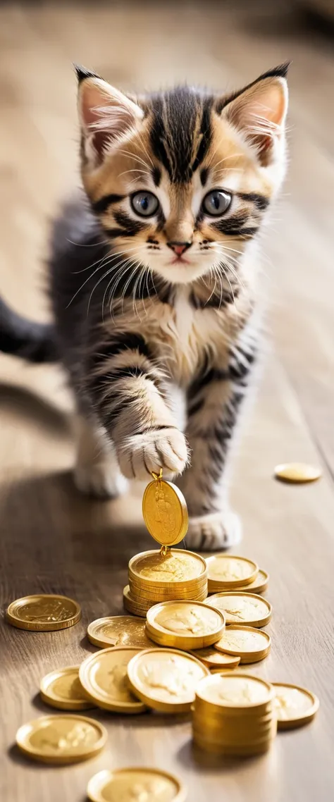 Kittens are chasing scattered gold coins,