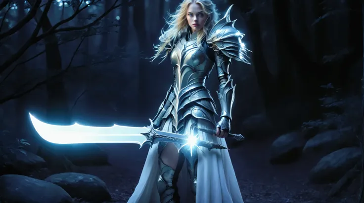 blond woman in armor holding a sword in a dark forest, dressed in light armor, led - lit armor, fantasy paladin woman, clothed i...