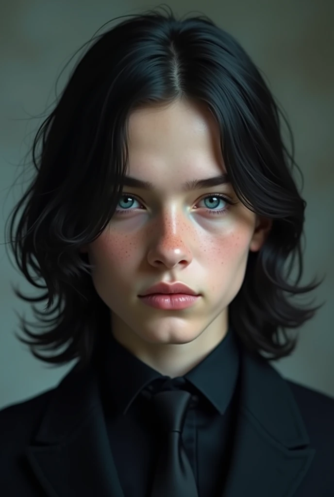 an image of a handsome young aristocratic British boy with blue eyes, long black hair at collarbone length, hair frames his face. He wears black suit and black tie, lean body, a magician in an all-black suit, pale skin, well-kept black hair, and a pair str...