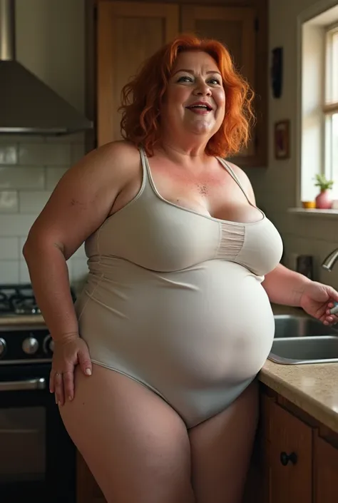 65-years fit plus size granny, photo realistic, white skin granny, with many wrinkles in the face, five fingers on both hands, wide hips, thin waist, very thick legs,  She had large big shaggy tits, she wear a wet torn see trough white tight mini dress, in...