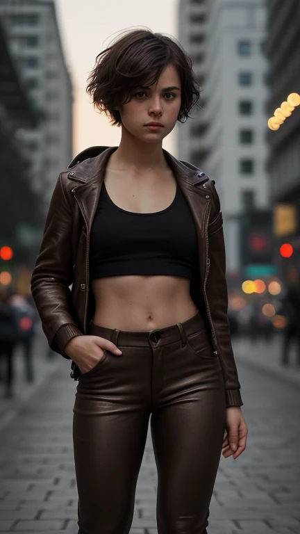 (Close-up), (intense gaze), young russian woman with nice natural very-very small soft childish breast, small stature, sporty muscular boyish build, well-developed muscles, ((dark brown eyes)), dark brown disheveled hair, (short haircut), (pixie style), an...