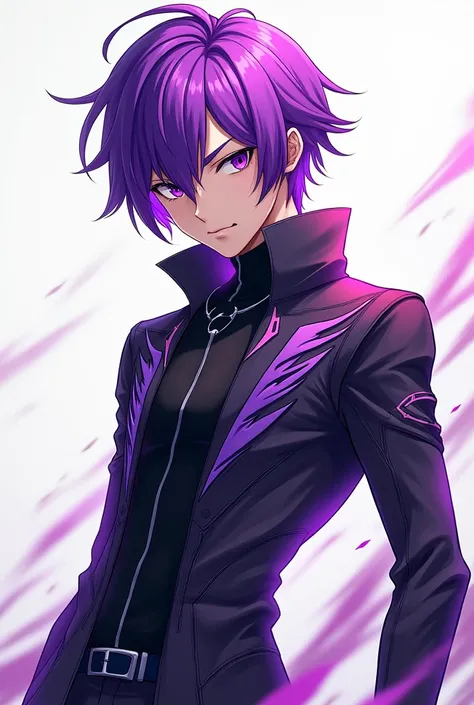 purple haired man in full body anime
