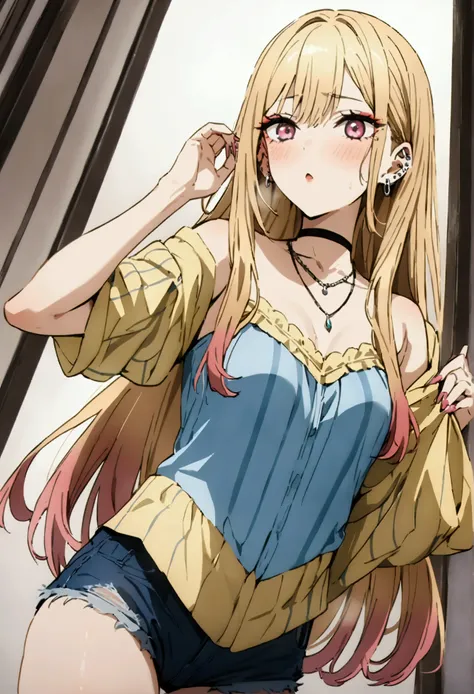 NSFW,masterpiece,Best Quality,High resolution,Very detailed,Marin Kitagawa(The Doll Falls in Love),Multicolored Hair、Blonde Hair、Long Hair、Magenta Eyes、Ear Piercing、Earrings、Pink Nails、makeup,Check shirt、Blue Shirt、Yellow Shirt、Black choker、Denim shorts、cl...