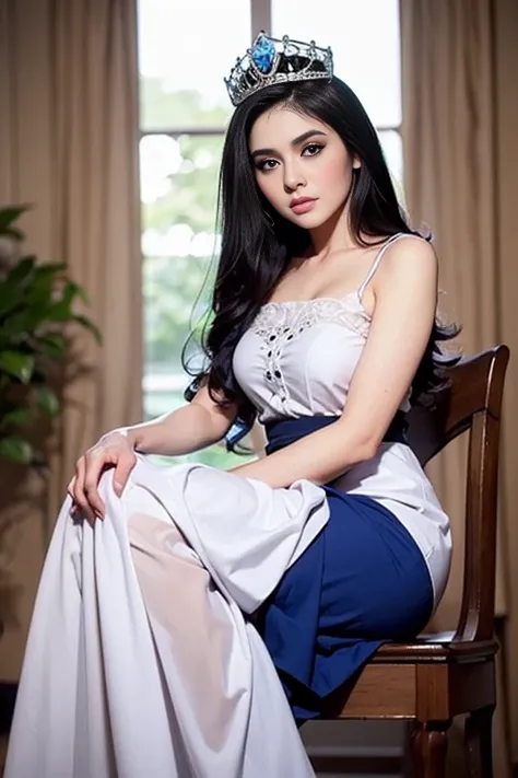 A beautiful and beautiful young princess with black hair with blue eyes, she is wearing her beautiful long white dress