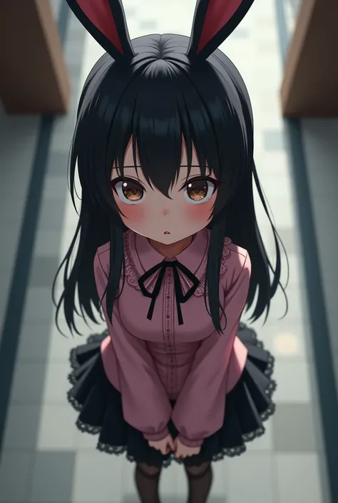 1 cute anime girl, 147 cm tall, brown eyes, black hair, hair straight to the waist, ((half-up twintail style)), straight bangs, real black bunny ears, ((no human ears)), frilly pink jirai kei top with sleeves reached her wrist, black lacey skirt, black fis...