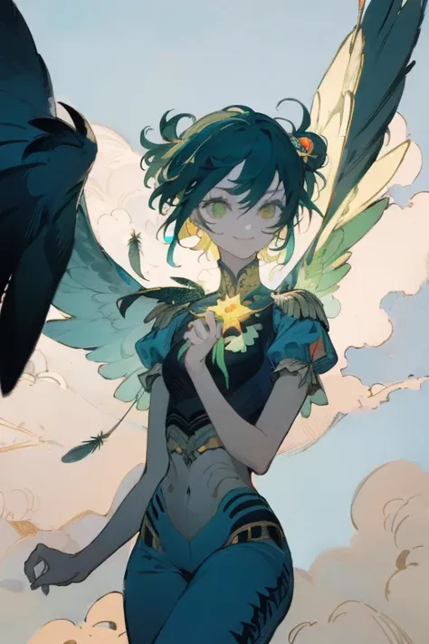 ((Best Quality)), ((masterpiece)), (detailed)Girl with bird of prey wings, close-up of upper body posing with knees raised to chest,(Green and yellow multicolor,Sky blue inner hair),Short hair with buns on both sides,Narrowed deep blue eyes,Slim and toned ...