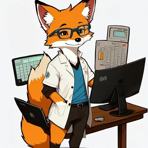 Cartoon fox with glasses holding a calculator and a t-shirt, digital fox, an Anthropomorphic fox, Anthropomorphic fox, Fox scientist, cute fox, fox in lab coat, An anthropoid fox, by Matteo Pérez, Inspired by Marten Post, an anthropomorphic cyberpunk fox, ...