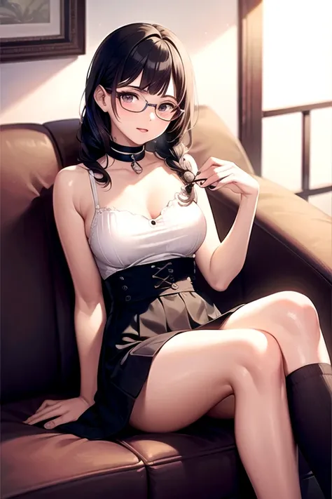 ((Best Quality)), ((masterpiece)), (detailed), One girl, Girl sitting on sofa,Black Hair,Glasses,Shortcuts,talk