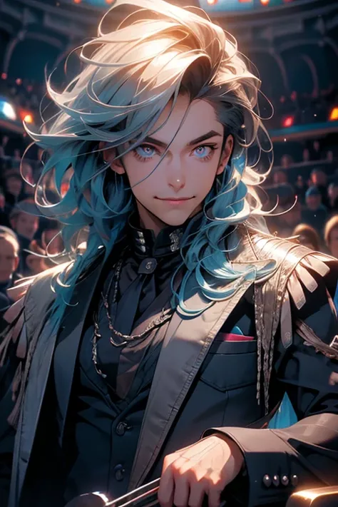 Perfect face. Perfect hands. A muscular blue haired man with silver eyes with long hair in a Gothic suit is smiling in the auditorium while conducting the band