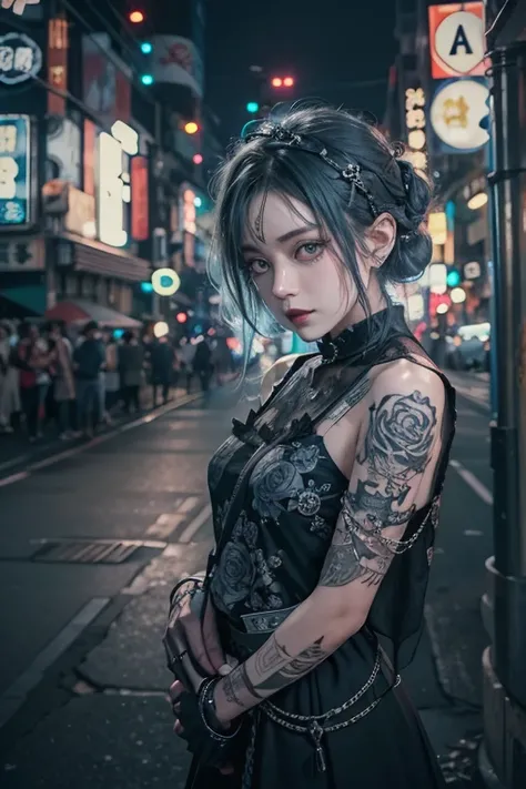 Best Quality、、masterpiece：1.3、Gothic Punk、Gray Black Hair、Hair Accessories、beautiful girl、Creative、Punk Shirt、Neogoth、Goth Fashion：1.2、High resolution、masterpiece、Best Quality、頭w:1.3、((Hasselblad Photos))、Fine skin、Sharp focus、(Cinema Lighting)、Explore Tok...