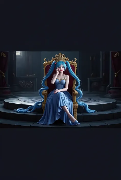 1girl, Hatsune Miku, princess outfit, crown, gold, ((throne)), in a castle, Middle Ages, wearing a blue vest, one foot on the ground, the other foot calf turned outward, one hand holding the microphone, the other hand across the eyes Biye, white background