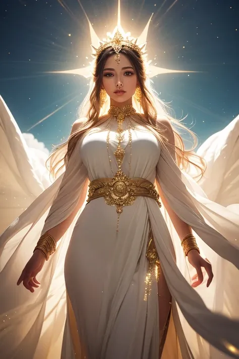 A divine image of a goddess, radiating celestial beauty and grace. She is adorned in flowing, ethereal robes with intricate golden accents, symbolizing her power and wisdom. Her presence exudes serenity, compassion, and strength, with a glowing aura surrou...