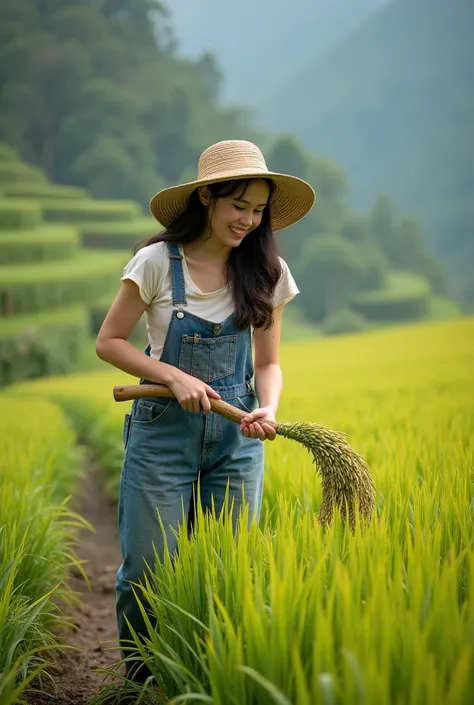 Please draw a young woman harvesting rice on a terraced field in the countryside.. she、Like overalls and gardening hats、Dressed in practical 1980s gardening clothing. Beautiful natural rice ears are reflected、Holding a sickle to harvest rice，Photograph her...