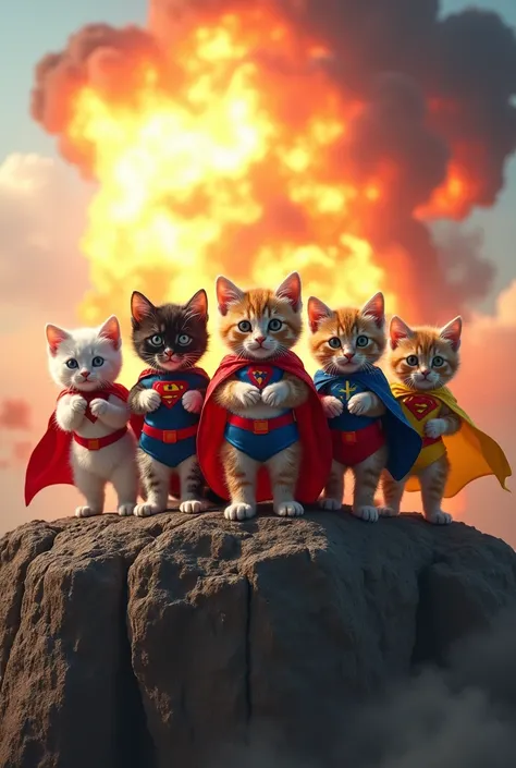 Five cute white, black, red, blue and yellow kittens posing in superhero squadron costumes、Explosion behind、On the Cliff