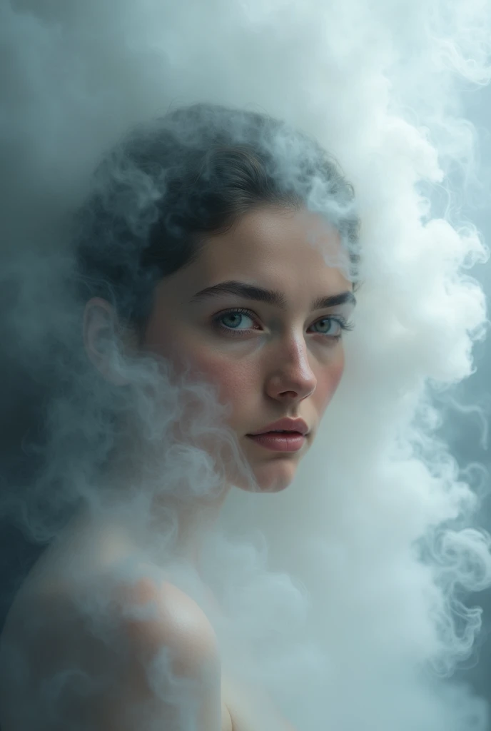 a woman is seen with white smoke hanging up, her face, in the style of hyperrealistic compositions, fluid dynamic brushwork, trace monotone, light-filled, highly detailed, hyper-realistic water, high resolution