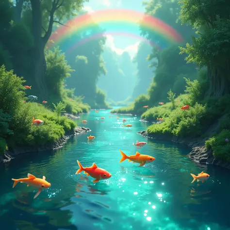 teamlab 、A river flowing in green and light blue、Colorful fish swimming、A rainbow over a vibrant green forest