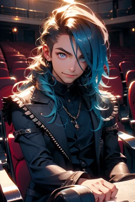 Perfect face. Perfect hands. A muscular blue haired man with silver eyes with long hair in a Gothic suit is smiling in the auditorium while sitting in the auditorium seats