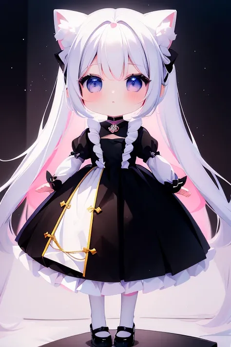 ((Best quality)), ((Masterpiece)),1 girl， animemanga girl，Q version characters， body type，Very short in height，Black color hair，white  skirt，Cat ears，Fierce expression